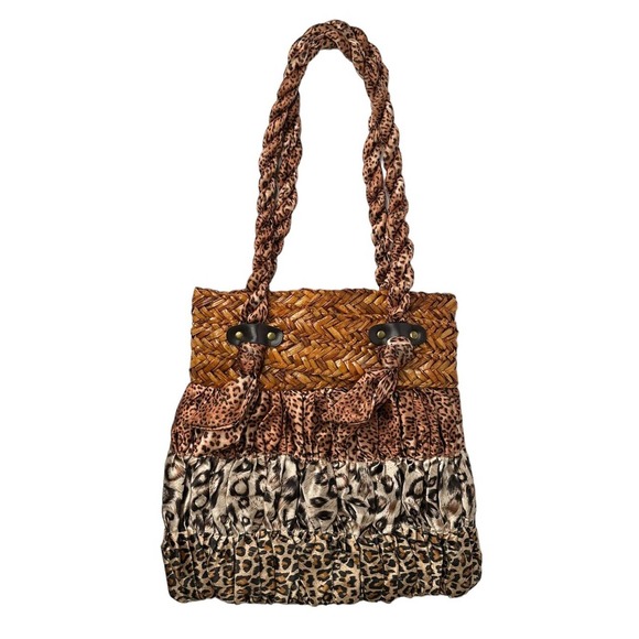 Capelli Straworld Double Handle Leopard Cheetah Mixed Print Satiny Bag Purse - Picture 5 of 9